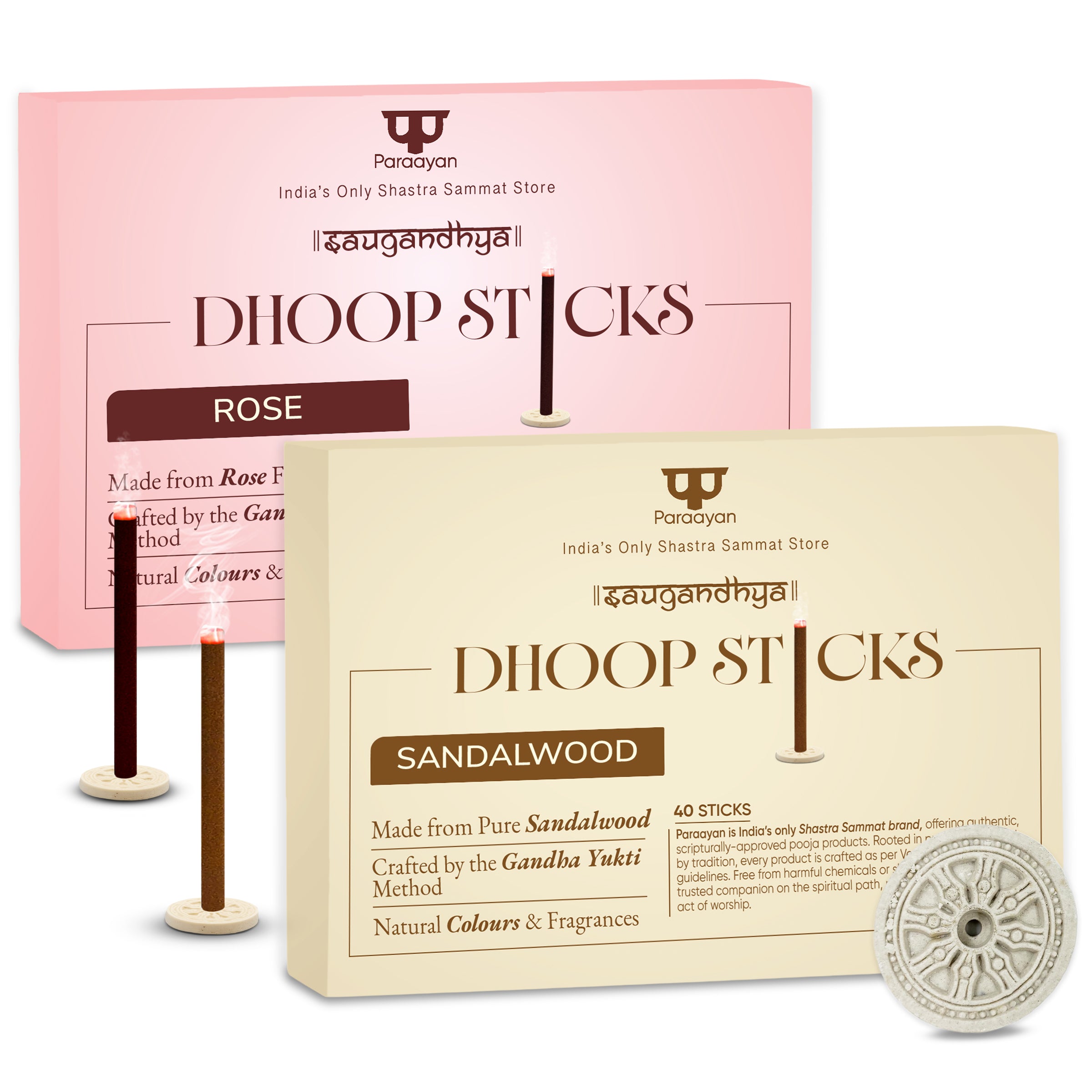Paraayan Dhoop Sticks Pack of 2 (Sandalwood and Rose) I 40 X 40 Long Sticks I No Bamboo I No Charcoal I Puja Dhoop Sticks with Dharma Rath Chakra Dhoop Stand