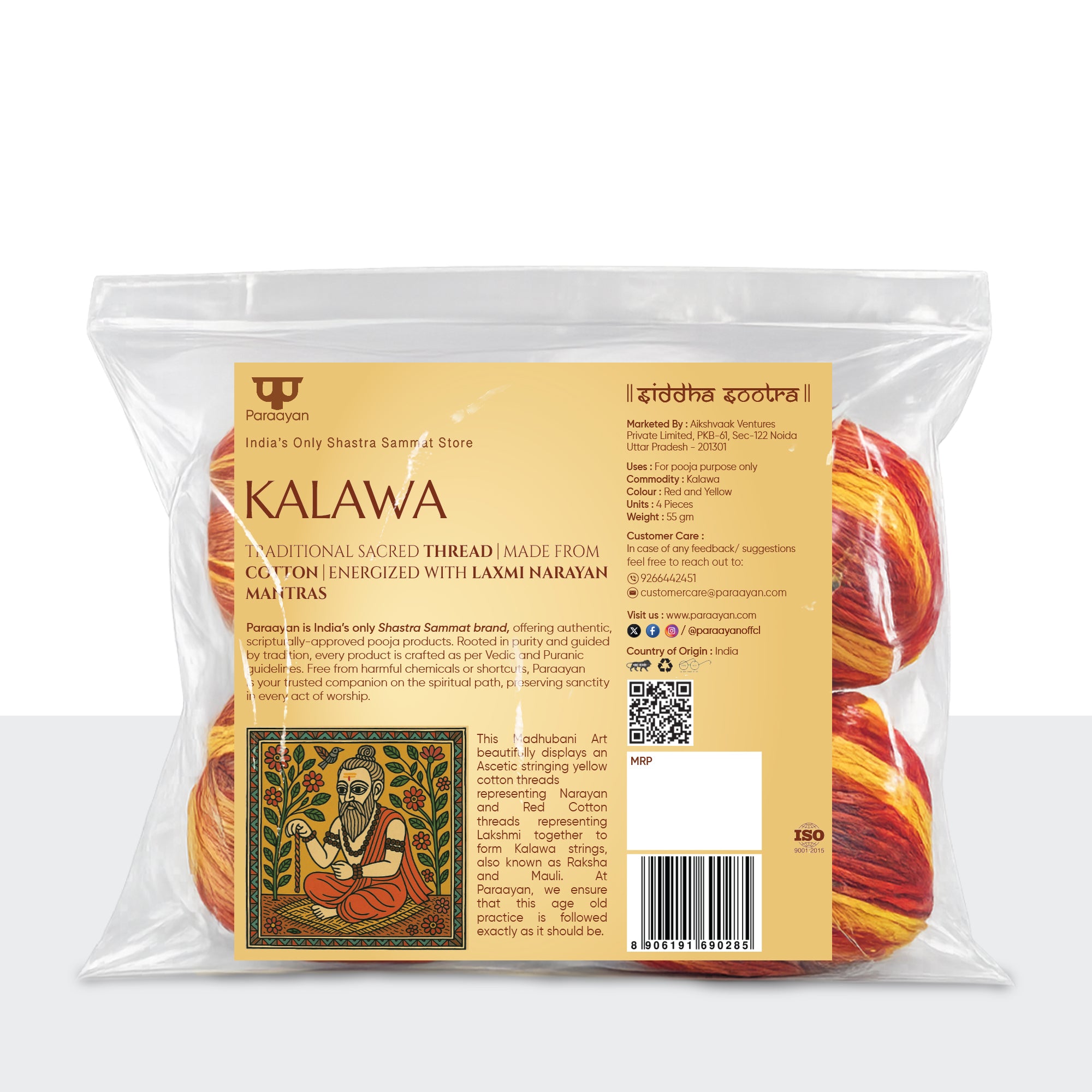 Paraayan Kalawa Pack of 4 | Pure Cotton Mauli Raksha Sutra | Red Yellow Pooja Kalawa Sacred Thread for Mandir, Havan, Yagya, Vrat & Tilak