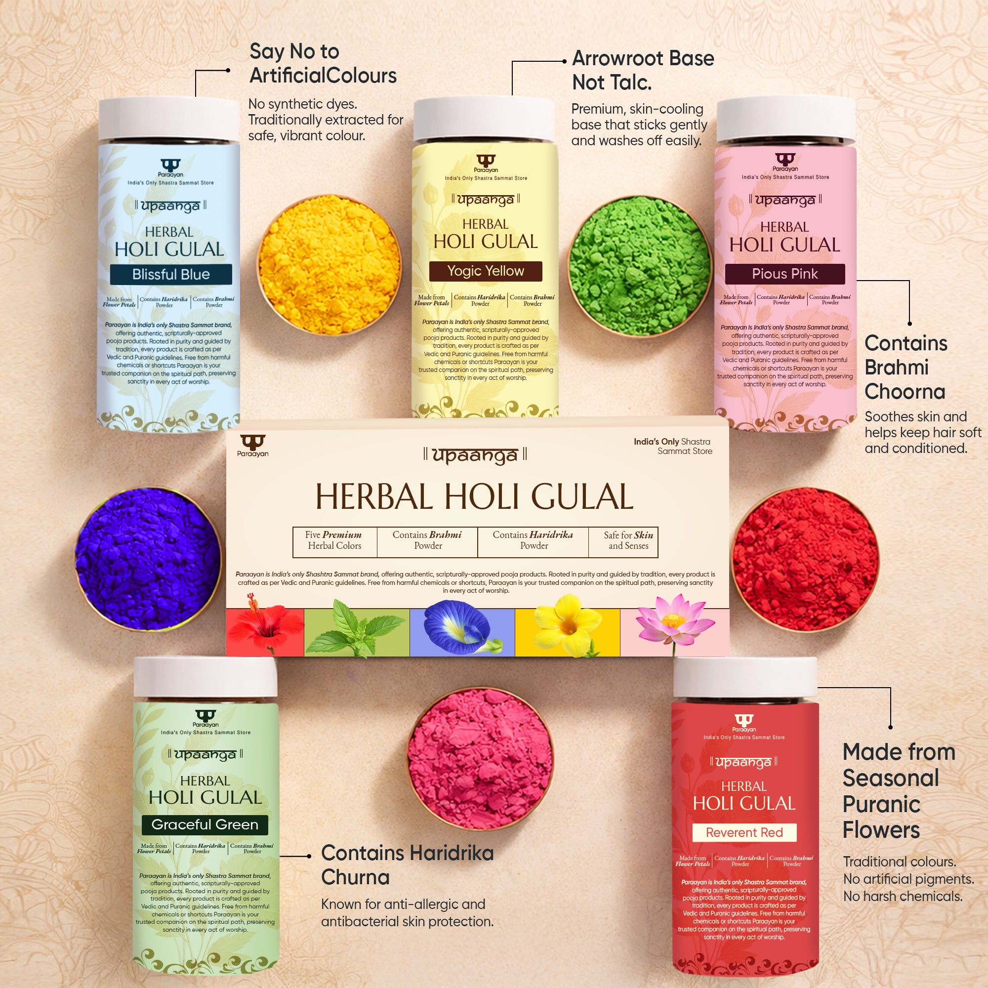 Herbal Gulal for Holi & Festivals with Brahmi and Haridrika | Natural, Skin-Friendly & Child-Safe Gulaal | Vibrant Red, Green, Blue, Pink & Yellow Colors – Pack of 5 160gm X 5