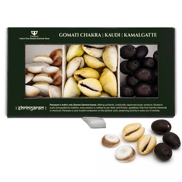 Paraayan Gomati Chakra, Peeli Kaudi & Kamalgatte Puja Set | 11 Pieces Each | Traditional Lakshmi Ganesh Puja Samagri | For Diwali, Dhanteras, Lakshmi Puja & Daily Worship