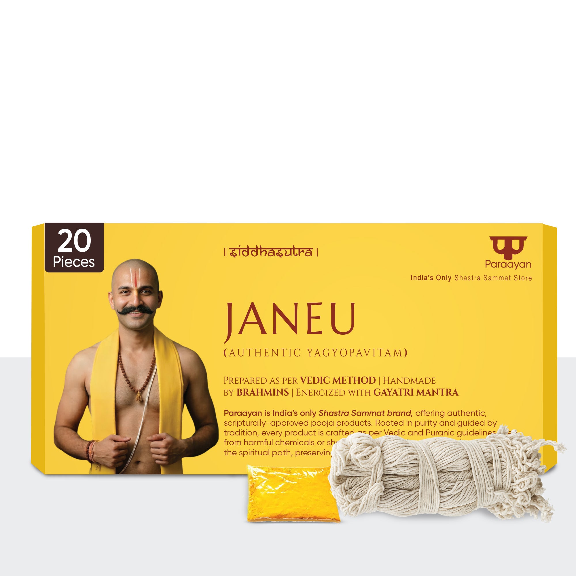 Paraayan Janeu Yagyopavit Dhaga For Brahmin | 20 Pieces Janau | With Haldi Pouch | Pure Sacred Thread For Rituals, Worship, And Spiritual Blessings | Pack of 1 ( Yagyo Pavitam For Puja)