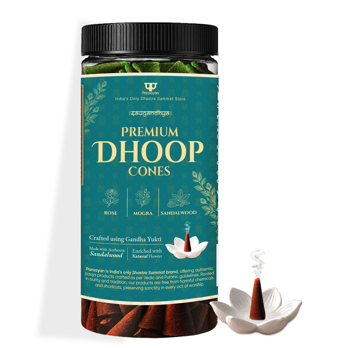 Paraayan Premium Dhoop Cones Mix - 240 Cones | Rose, Mogra, & Sandalwood | Crafted Using Gandha Yukti Method I Sacred Blend of Sandalwood, Camphor & Guggal | Includes Ceramic Dhoop Cone Stand I Premium Incense Cones for Pooja, Hawan, Yajna & Meditation