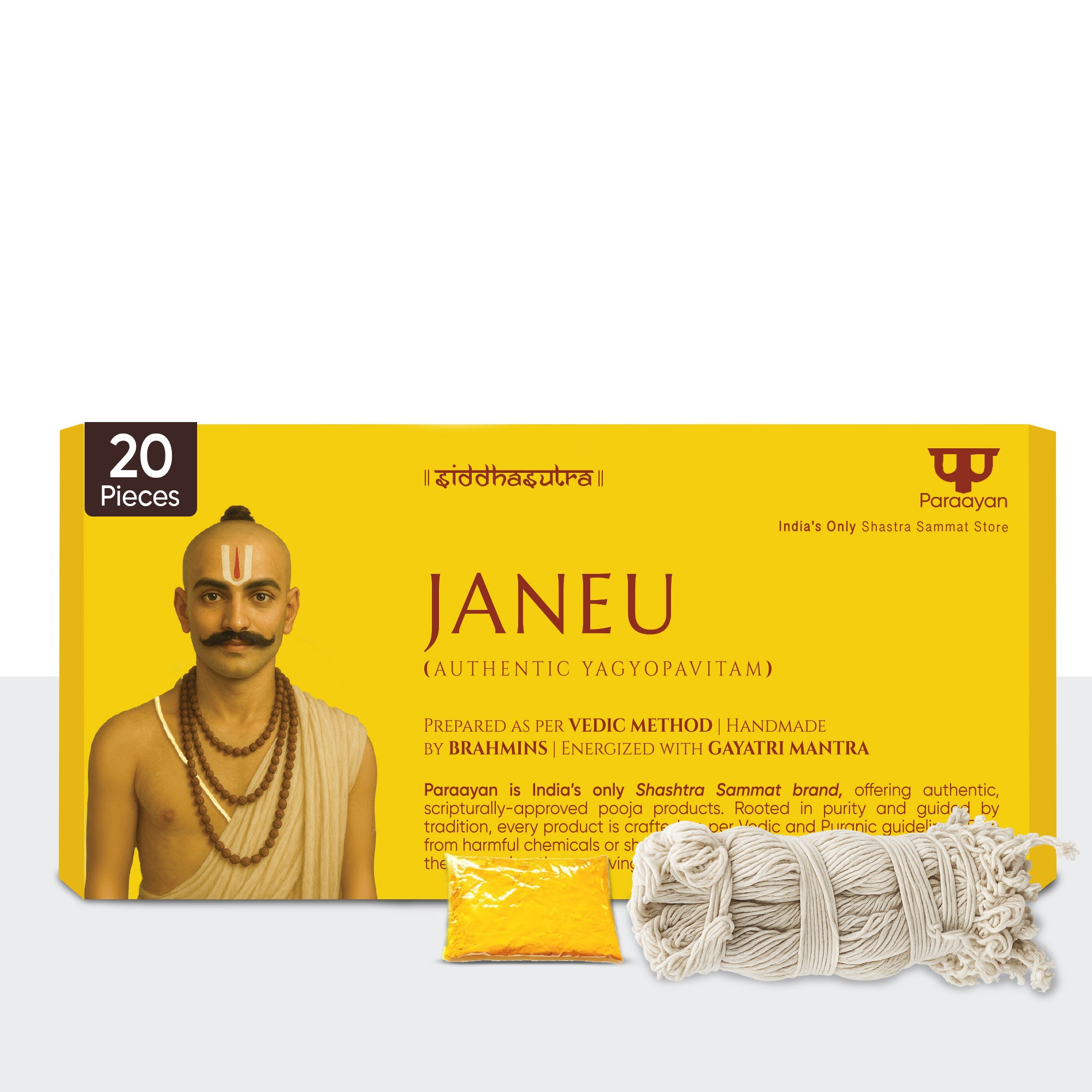 Paraayan Janeu Yagyopavit Dhaga For Brahmin | 20 Pieces Janau | With Haldi Pouch | Pure Sacred Thread For Rituals, Worship, And Spiritual Blessings | Pack of 1 ( Yagyo Pavitam For Puja)