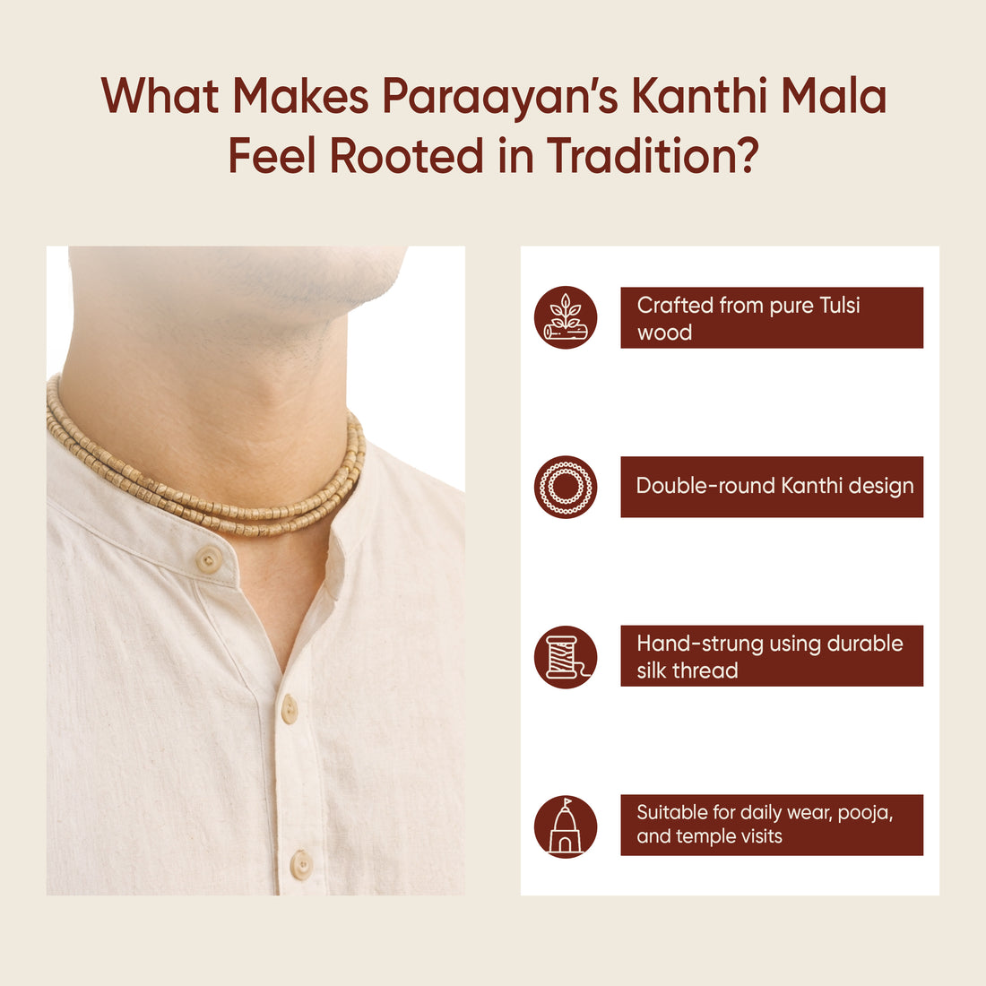 Paraayan Original Tulsi Kanthi Mala | 2 Rounds | Tulsi Wood Beads Hand Strung with Silk Thread | Vaishnav Tulsi Mala for Men & Women | Radha Krishna Wooden Beads Mala