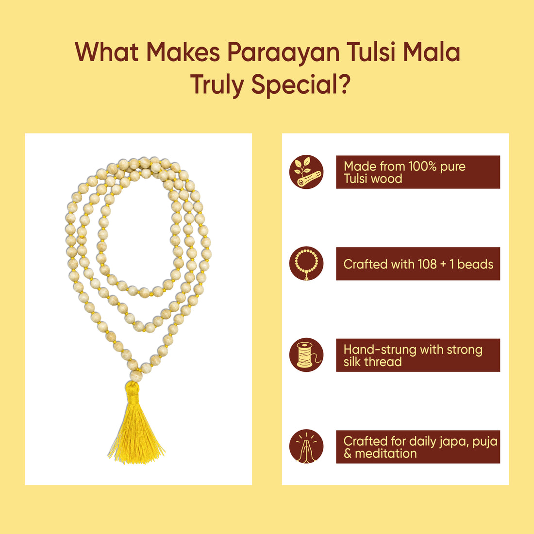 Paraayan Natural Pure Tulsi Mala with 108 Beads For Pooja| 7mm-Beads Size |Made from Pure Tulsi Beads |Best for  Meditation, Jaap Mala| Pack of 1