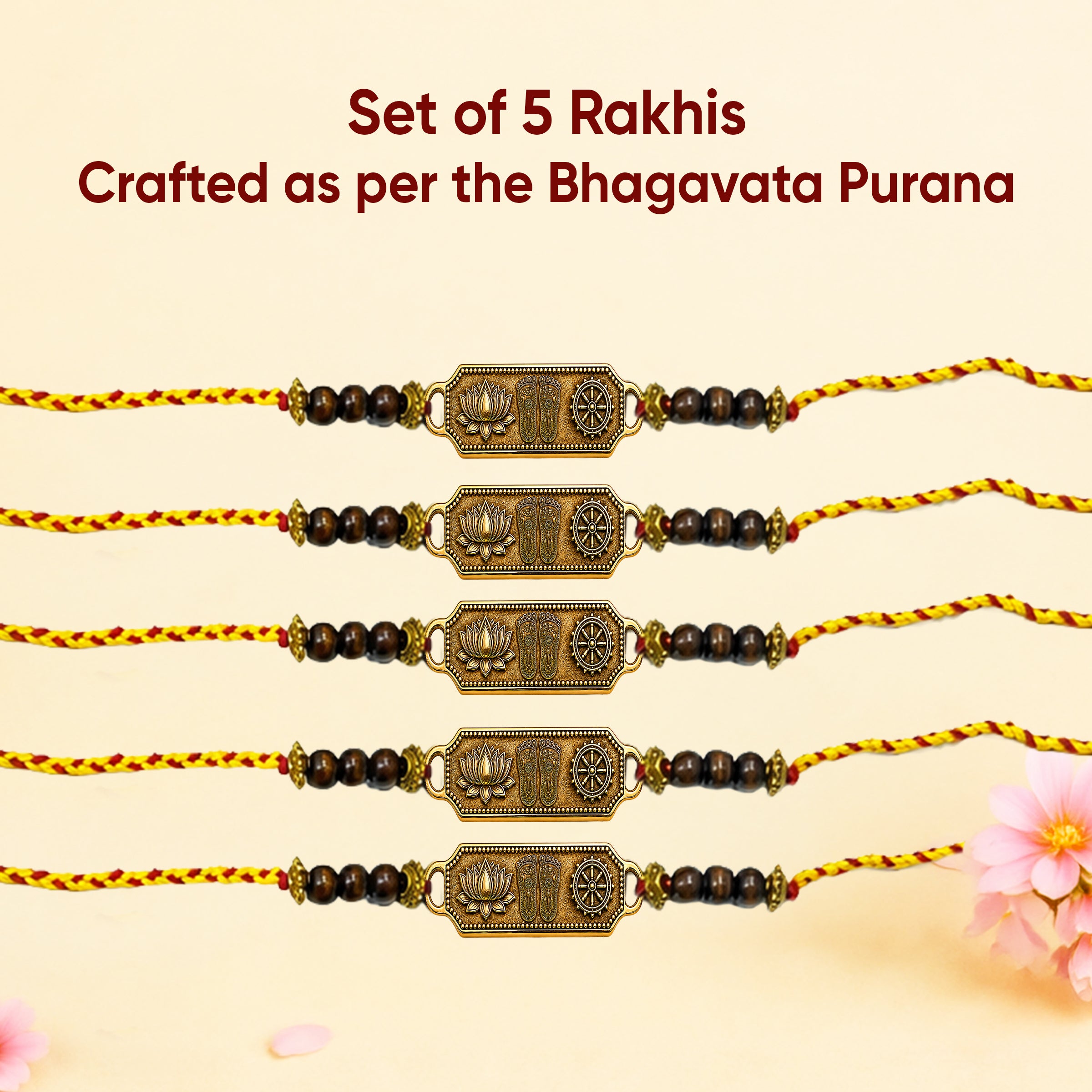 Paraayan Brass Rakhi for Brother| 5 Brass Rakhis | Bhagavata Purana Rakhi with Vishnupad, Kamal & Sudarshan Chakra Symbols I Premium and Authentic Rakhi for Raksha Bandhan