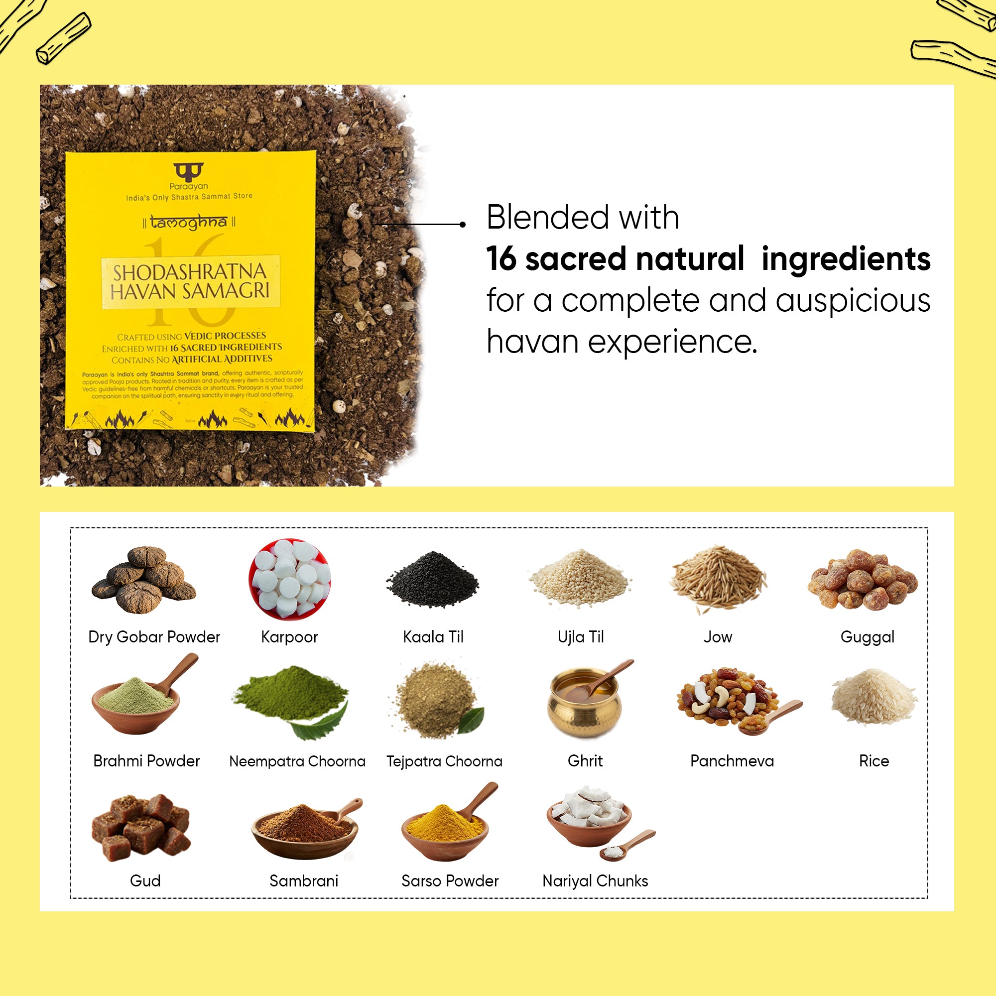 Paraayan Shodashratna Havan Samagri 500 gm, Mixture of 16 Sacred Ingredients for Pooja, 100% Pure &amp; Natural, No Artificial Ingredients