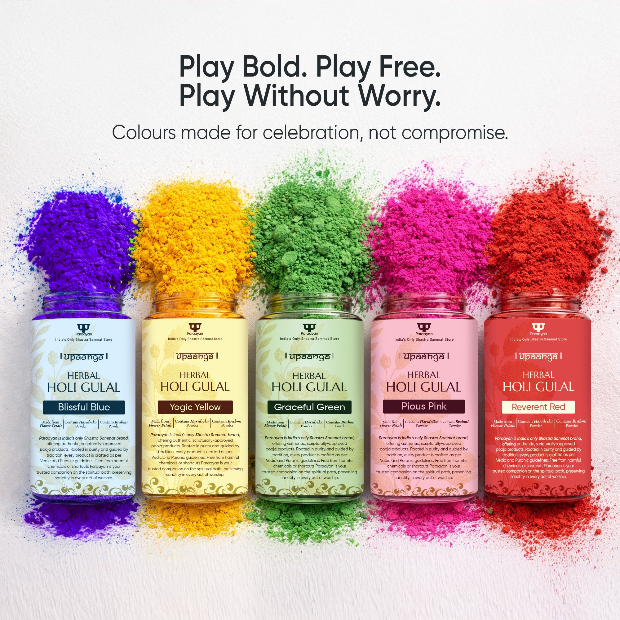 Herbal Gulal for Holi & Festivals with Brahmi and Haridrika | Natural, Skin-Friendly & Child-Safe Gulaal | Vibrant Red, Green, Blue, Pink & Yellow Colors – Pack of 5 160gm X 5