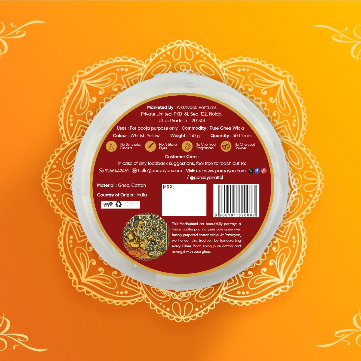 Paraayan Tamoghna Pure Ghee Wicks | 1 Pack, 50 Pieces, 150g