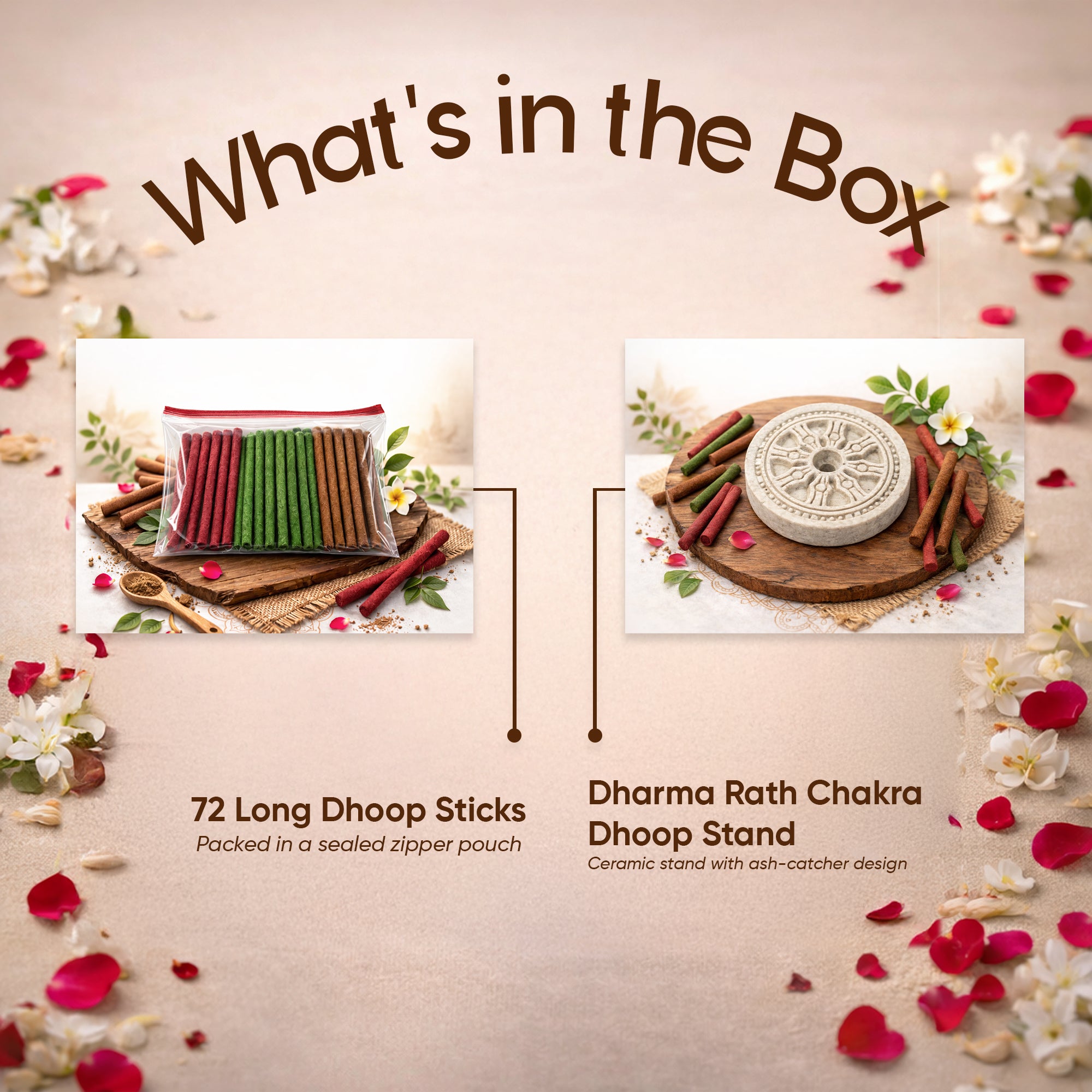 Paraayan Bambooless 3-in-1 Dhoop Sticks (Sandalwood, Rose and Mogra) I 72 Long Sticks for Pooja I No Charcoal I Puja Dhoop Sticks with Dharma Rath Chakra Dhoop Stand