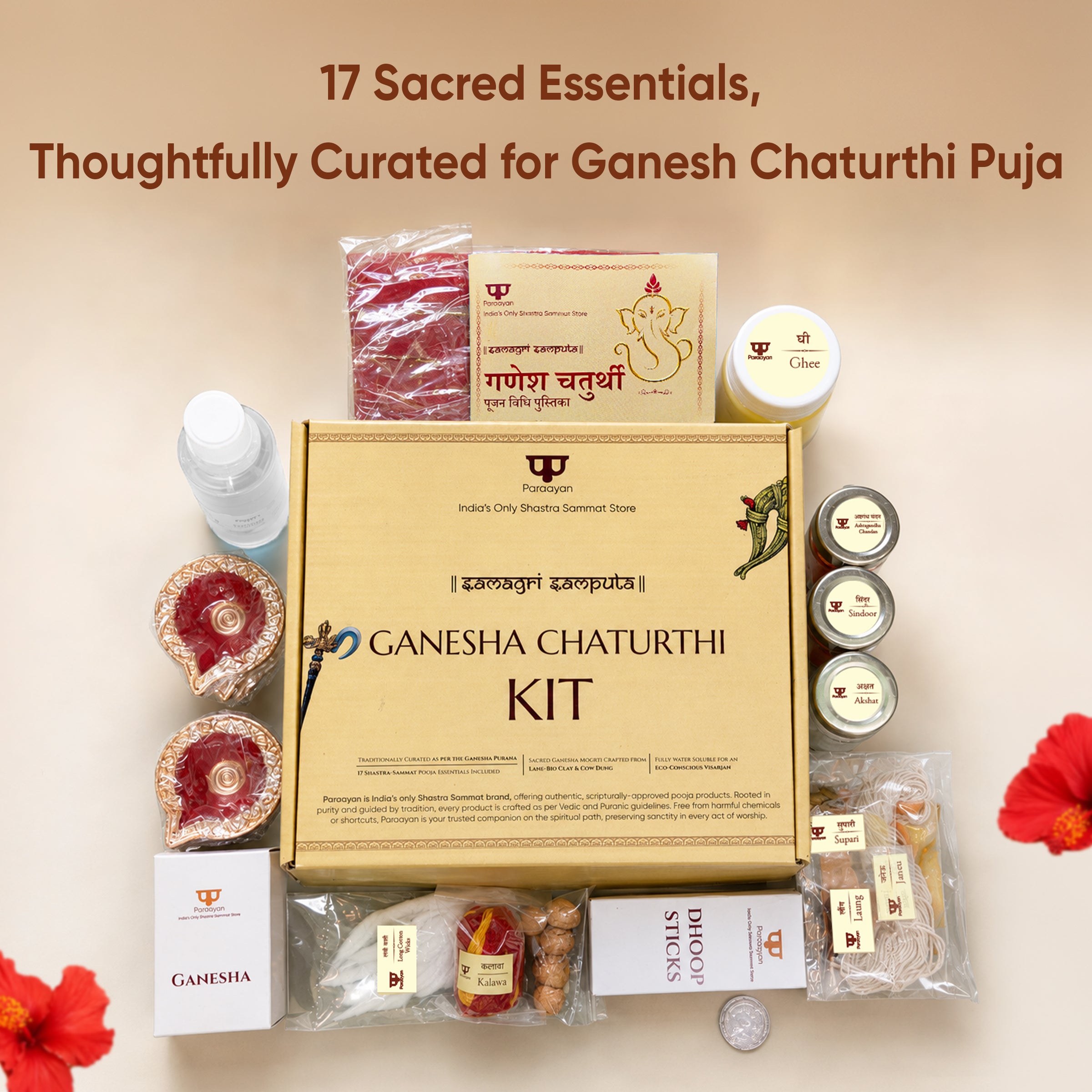 Paraayan Complete Ganesh Chaturthi Puja Kit for Ganesh Chaturthi Puja | 17 Sacred Puja Items with Eco-Friendly Ganesha Murti | Made as per Ganesh Purana | Ganesh Chaturthi Puja Samagri Kit Includes Puja Vidhi Book | Complete Ganpati Pujan Kit