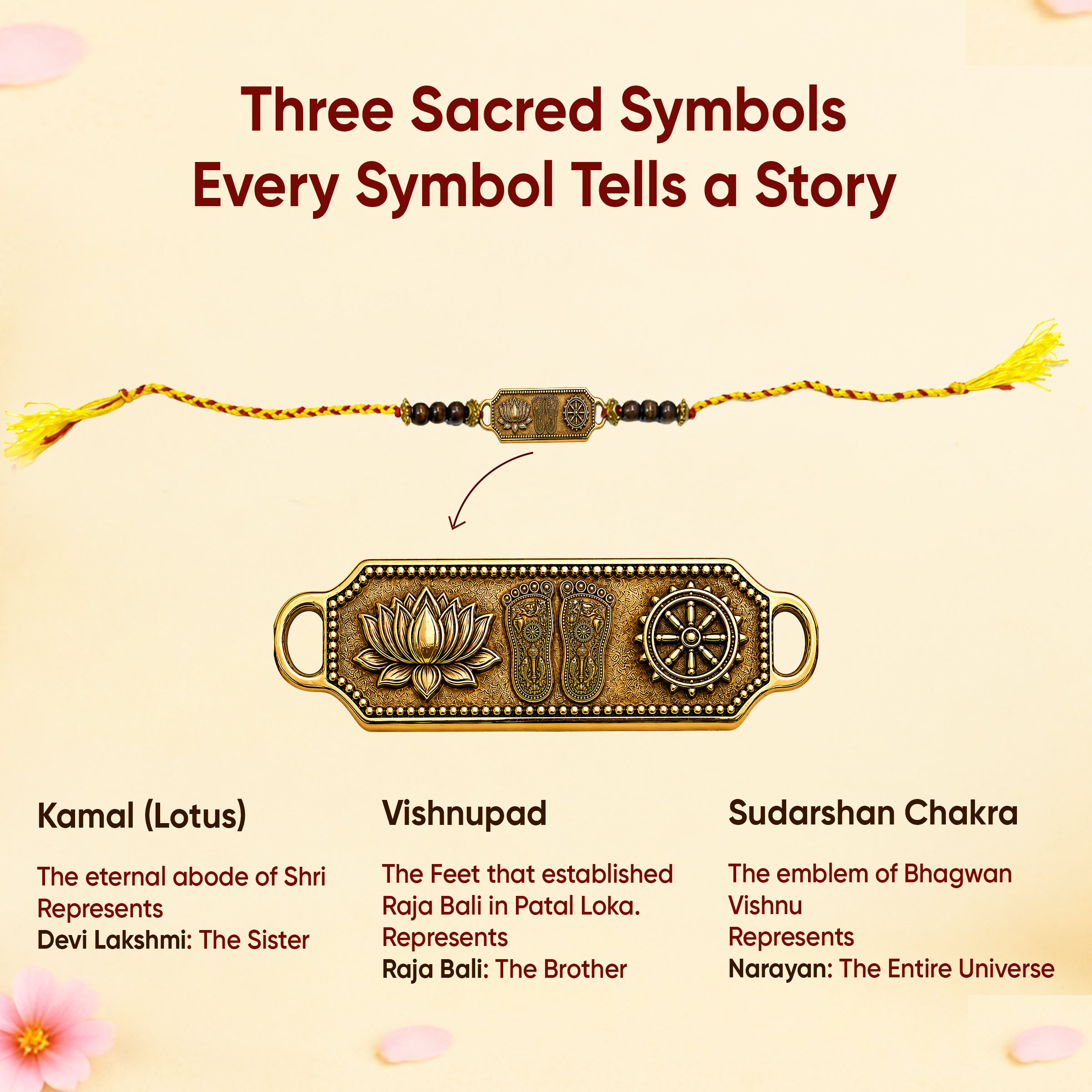 Paraayan Brass Rakhi for Brother| 5 Brass Rakhis | Bhagavata Purana Rakhi with Vishnupad, Kamal & Sudarshan Chakra Symbols I Premium and Authentic Rakhi for Raksha Bandhan