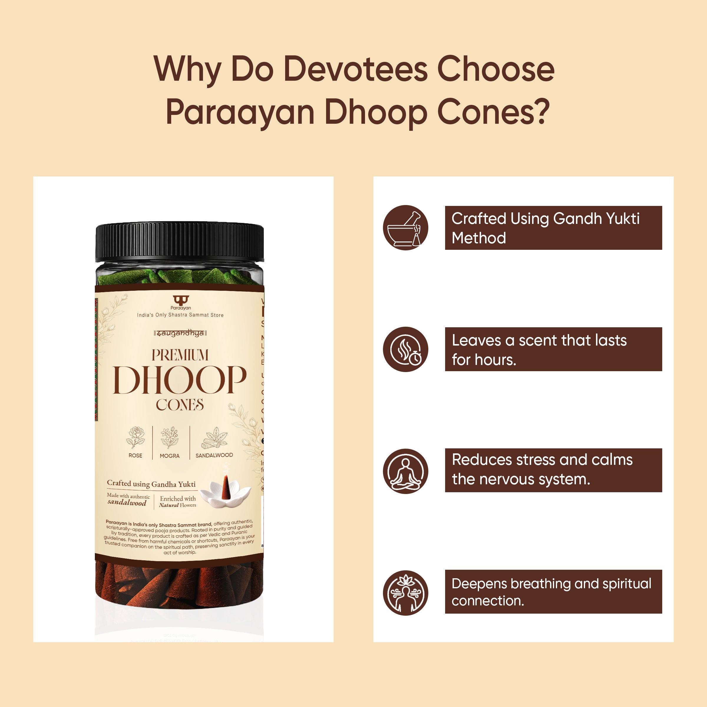 Paraayan Premium Dhoop Cones Mix - 240 Cones | Rose, Mogra, & Sandalwood | Crafted Using Gandha Yukti Method I Sacred Blend of Sandalwood, Camphor & Guggal | Includes Ceramic Dhoop Cone Stand I Premium Incense Cones for Pooja, Hawan, Yajna & Meditation