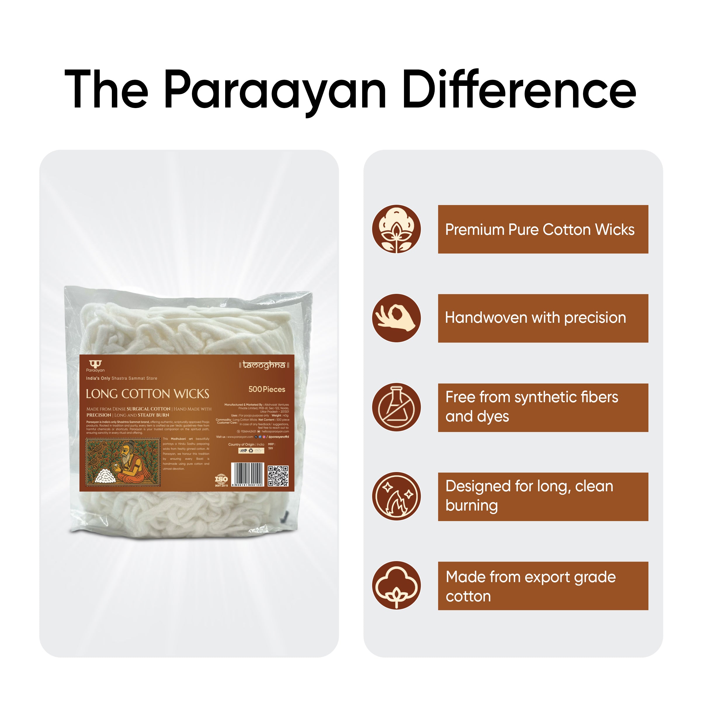 Paraayan Diya Batti Cotton Wicks | 500 Pieces | Batti for Diya | Pure Cotton Wicks for Pooja | Akhand Deep Lambi Batti Diya Wicks for Puja | Pack of 1