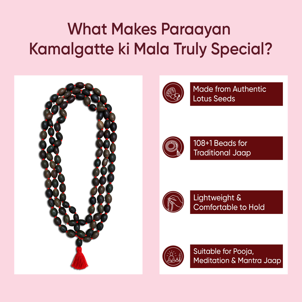 Paraayan Natural Pure Kamalgatte Ki Mala with 108 Beads for Pooja | Made from Authentic Lotus Seeds as a Pure Jaap Mala | Best for Lakshmi Pooja, Meditation & Mantra Jaap | Pack of 1