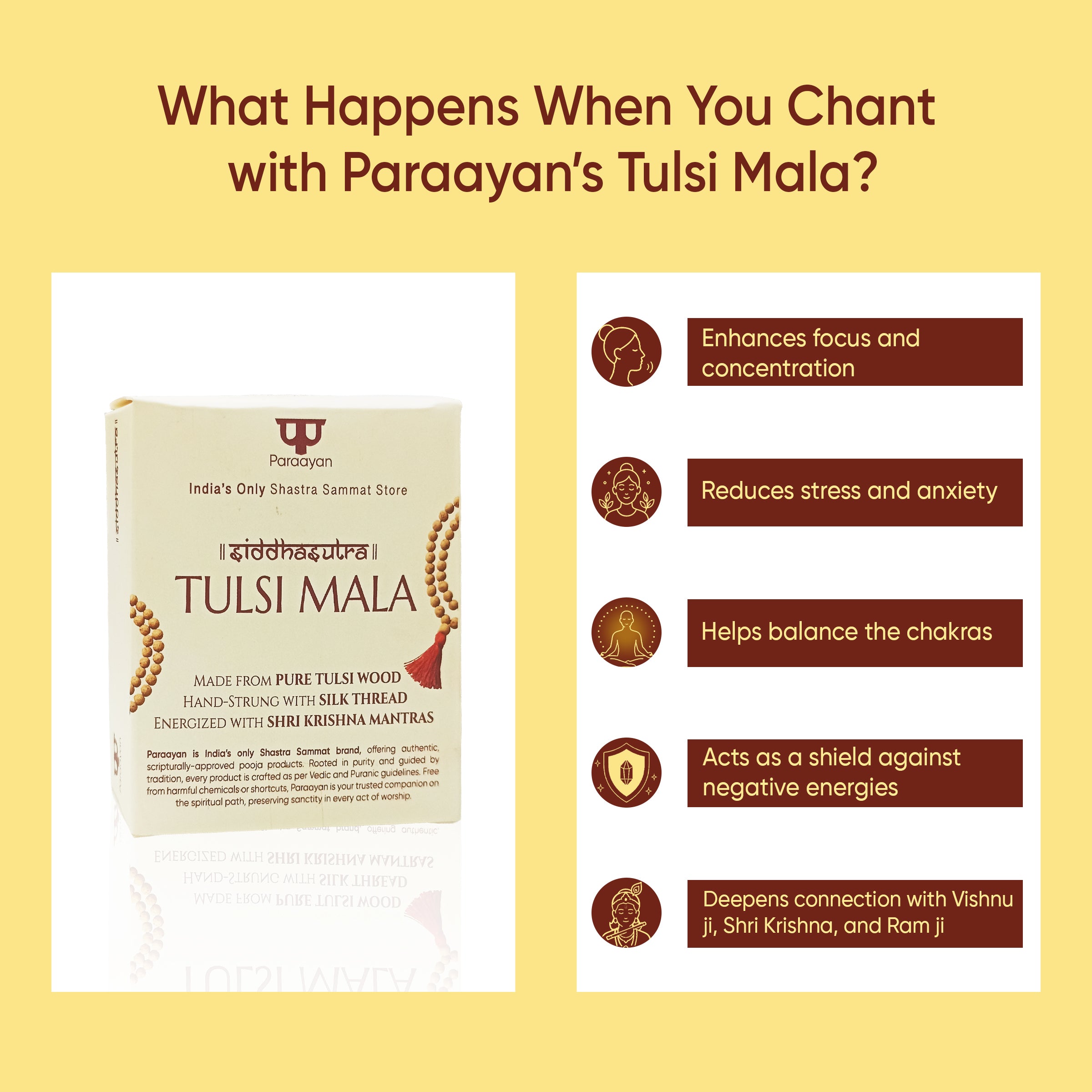 Paraayan Natural Pure Tulsi Mala with 108 Beads For Pooja| 7mm-Beads Size |Made from Pure Tulsi Beads |Best for  Meditation, Jaap Mala| Pack of 1