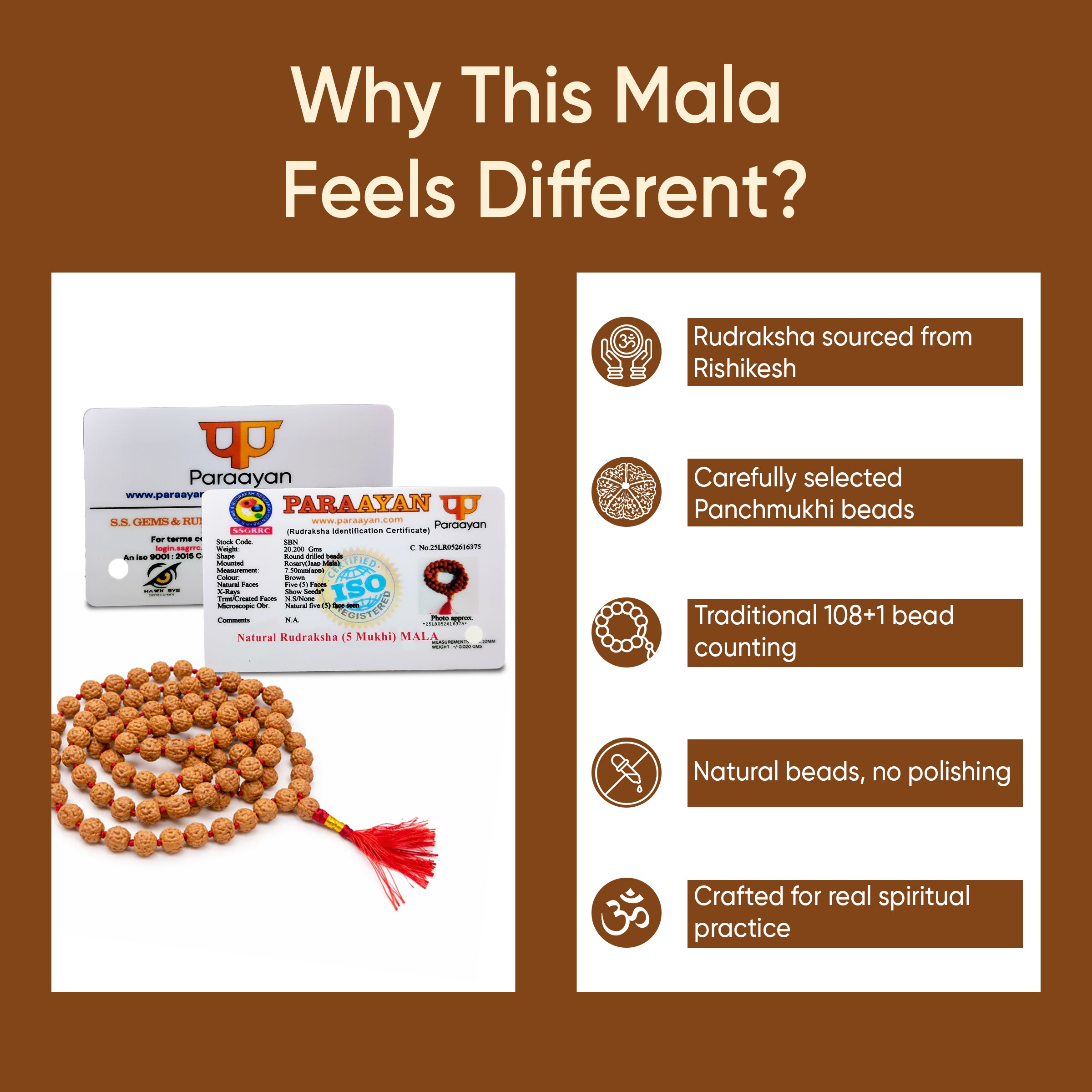 Paraayan Certified Natural Pure Panchmukhi Rudraksha Mala with 108 Beads, 7.5 mm  Rudraksha Beads Size (Approx) | Perfect For Pooja Meditation &amp; Jaap Mala | Pack of 1