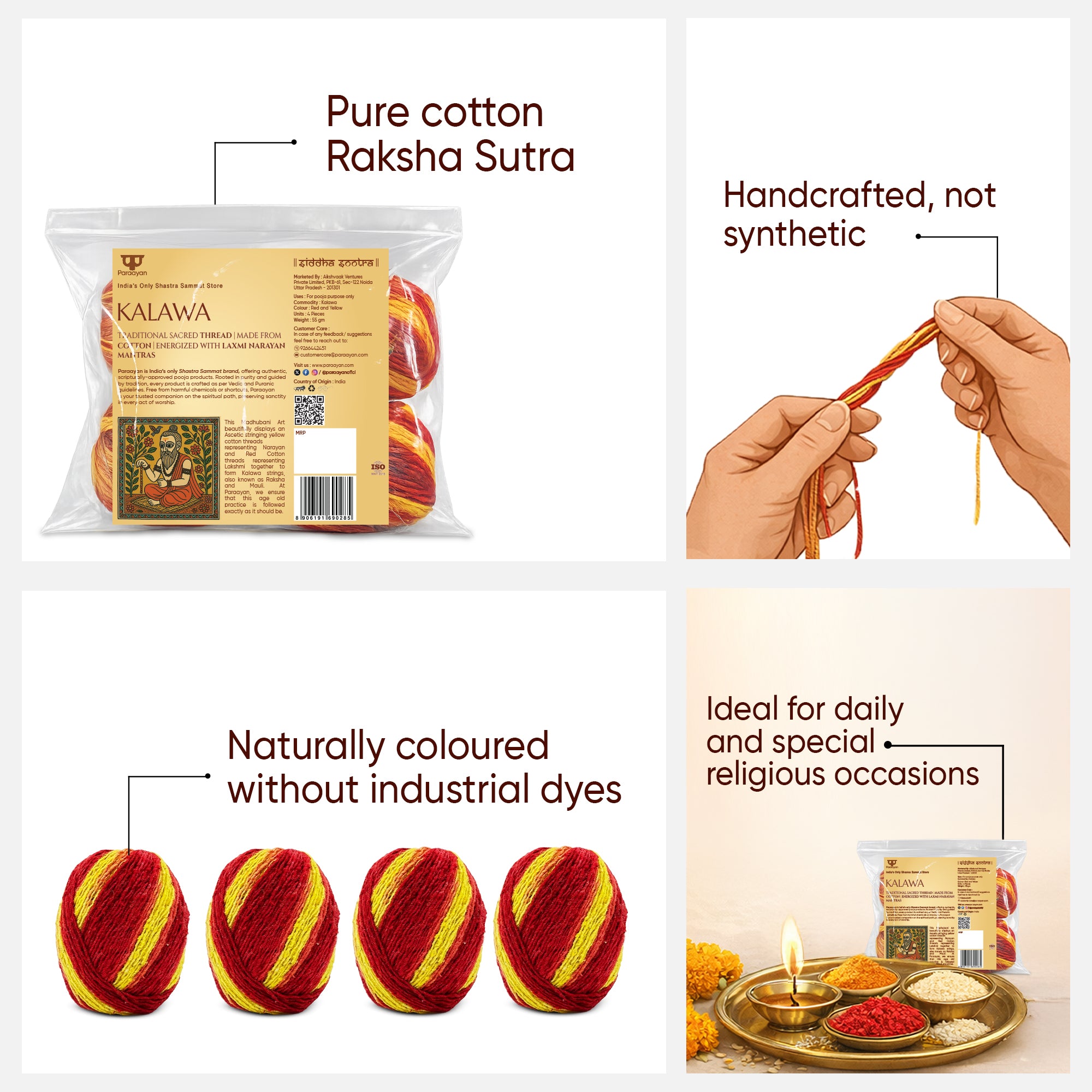 Paraayan Kalawa Pack of 4 | Pure Cotton Mauli Raksha Sutra | Red Yellow Pooja Kalawa Sacred Thread for Mandir, Havan, Yagya, Vrat & Tilak