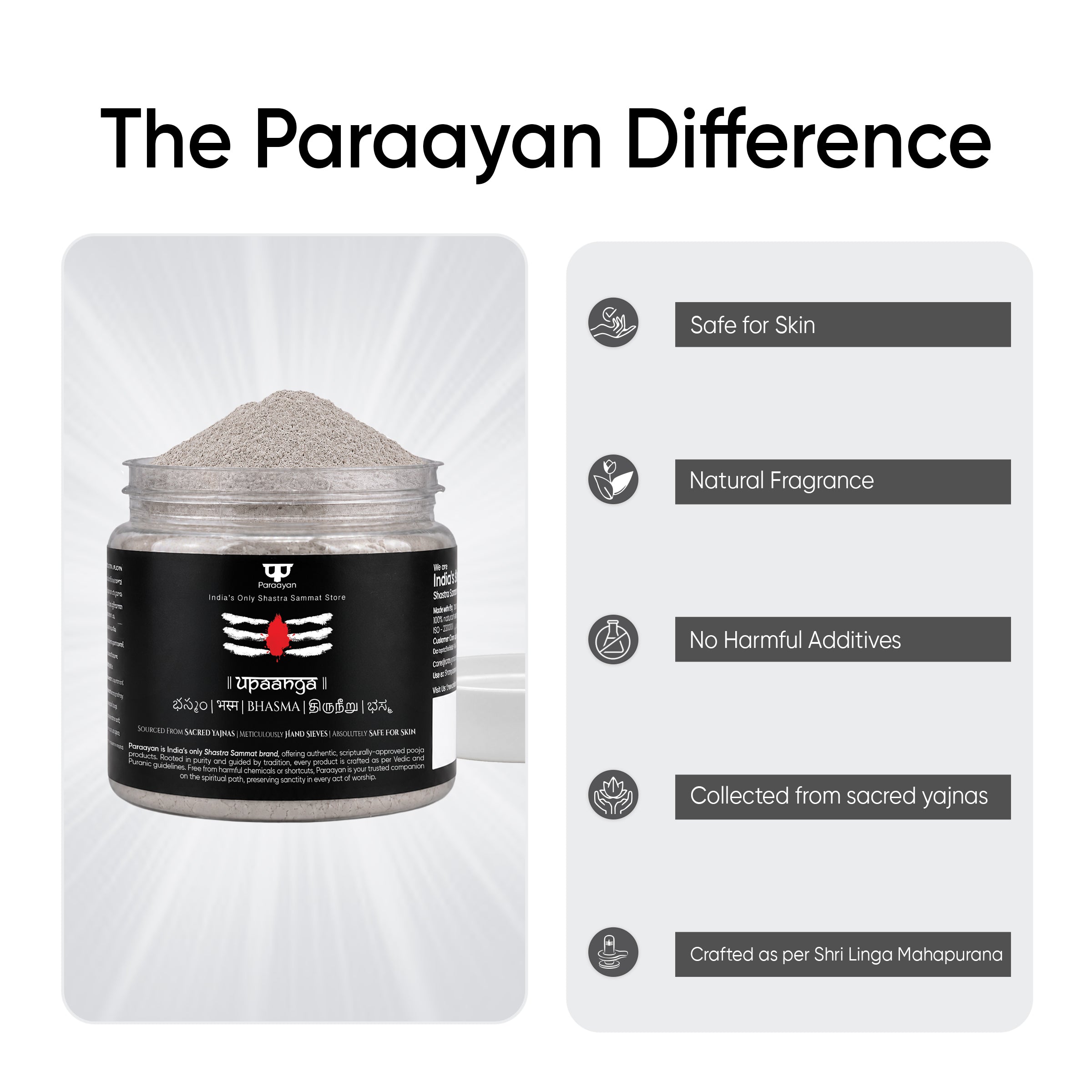 Paraayan Bhasm Vibhuti Powder for Pooja | Rudrabhishek, Shiva Puja | Vibuthi Powder Sourced from Sacred Rituals, Made as per Shastras | Fine Texture, Pure and Highly Sacred | Pack of 1