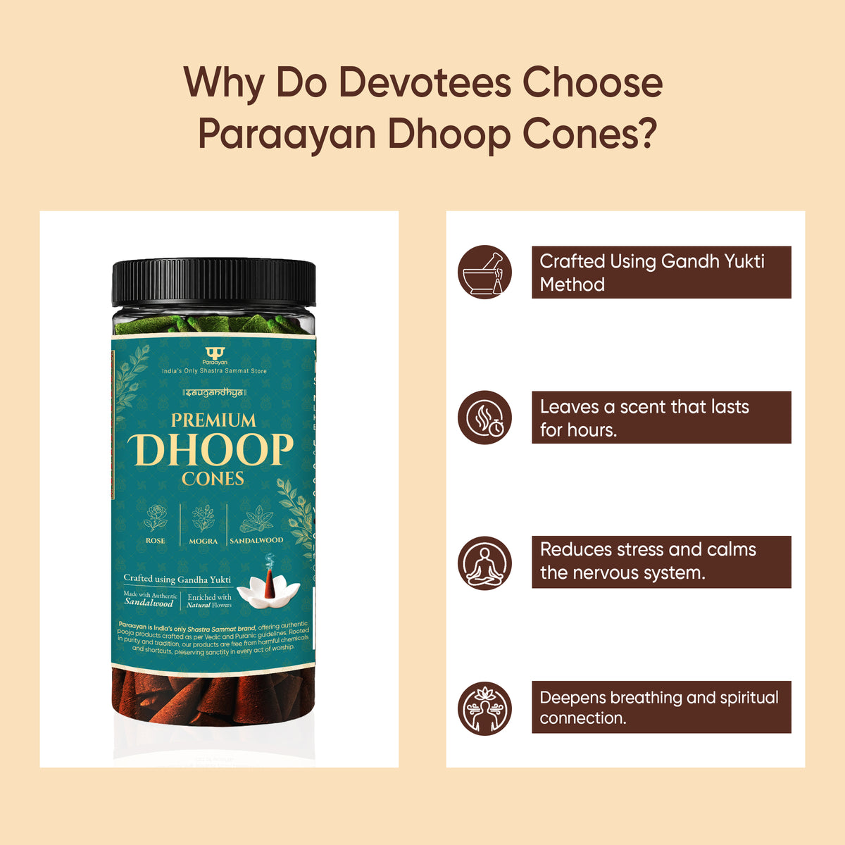 Paraayan Premium Dhoop Cones Mix - 240 Cones | Rose, Mogra, & Sandalwood | Crafted Using Gandha Yukti Method I Sacred Blend of Sandalwood, Camphor & Guggal | Includes Ceramic Dhoop Cone Stand I Premium Incense Cones for Pooja, Hawan, Yajna & Meditation