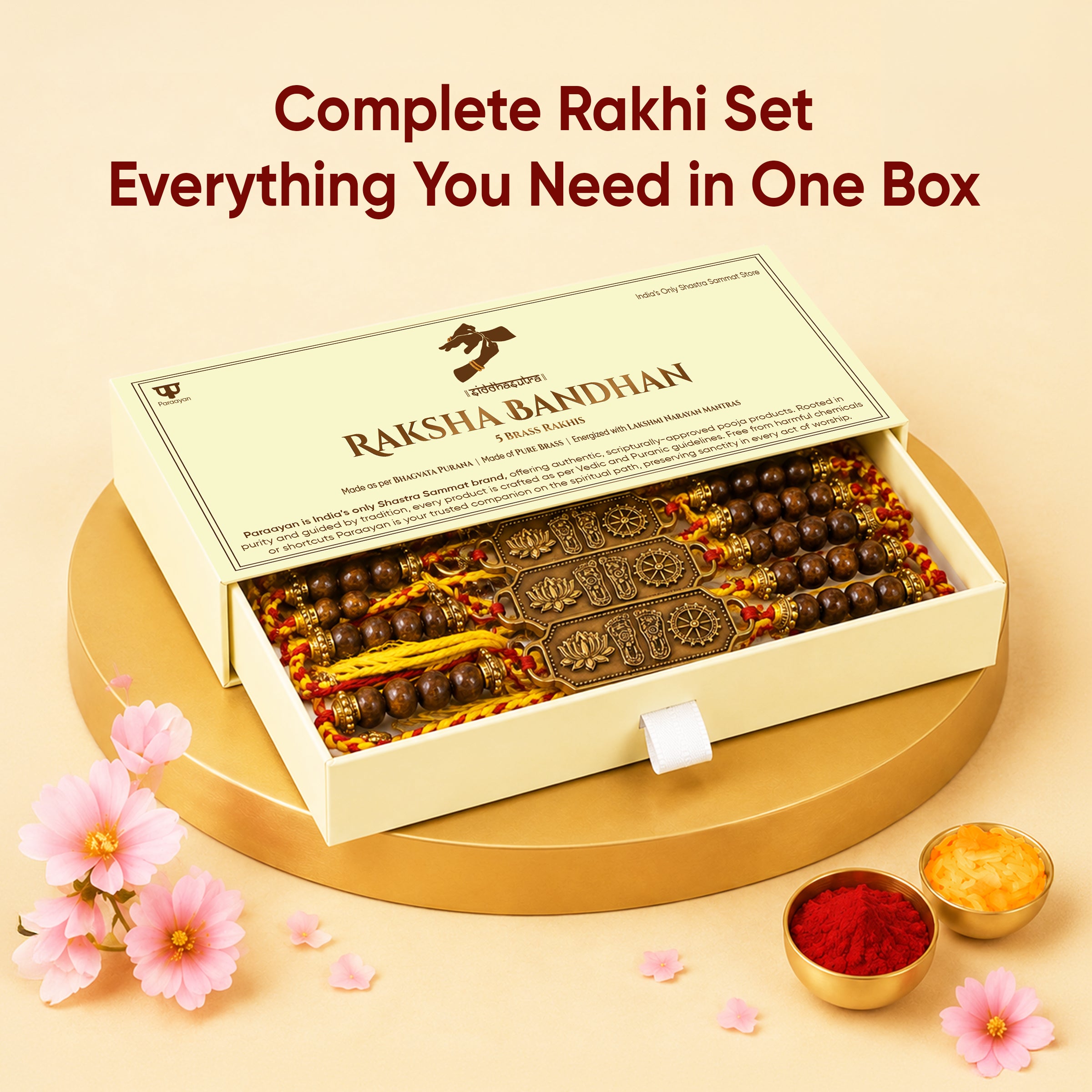 Paraayan Brass Rakhi for Brother| 5 Brass Rakhis | Bhagavata Purana Rakhi with Vishnupad, Kamal & Sudarshan Chakra Symbols I Premium and Authentic Rakhi for Raksha Bandhan