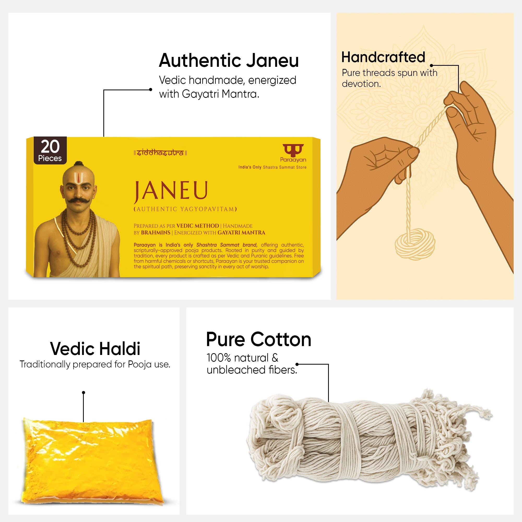 Paraayan Janeu Yagyopavit Dhaga For Brahmin | 20 Pieces Janau | With Haldi Pouch | Pure Sacred Thread For Rituals, Worship, And Spiritual Blessings | Pack of 1 ( Yagyo Pavitam For Puja)