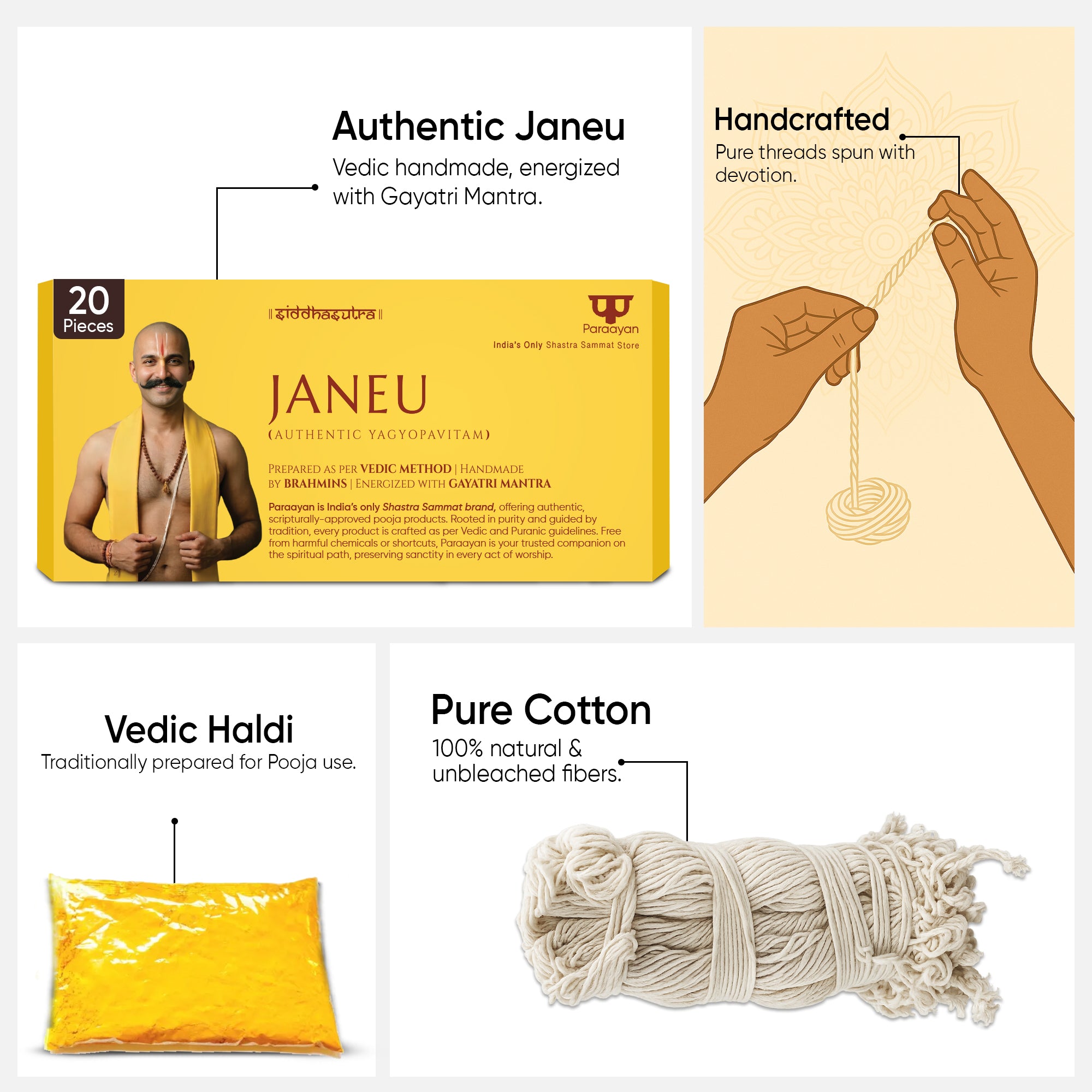 Paraayan Janeu Yagyopavit Dhaga For Brahmin | 20 Pieces Janau | With Haldi Pouch | Pure Sacred Thread For Rituals, Worship, And Spiritual Blessings | Pack of 1 ( Yagyo Pavitam For Puja)