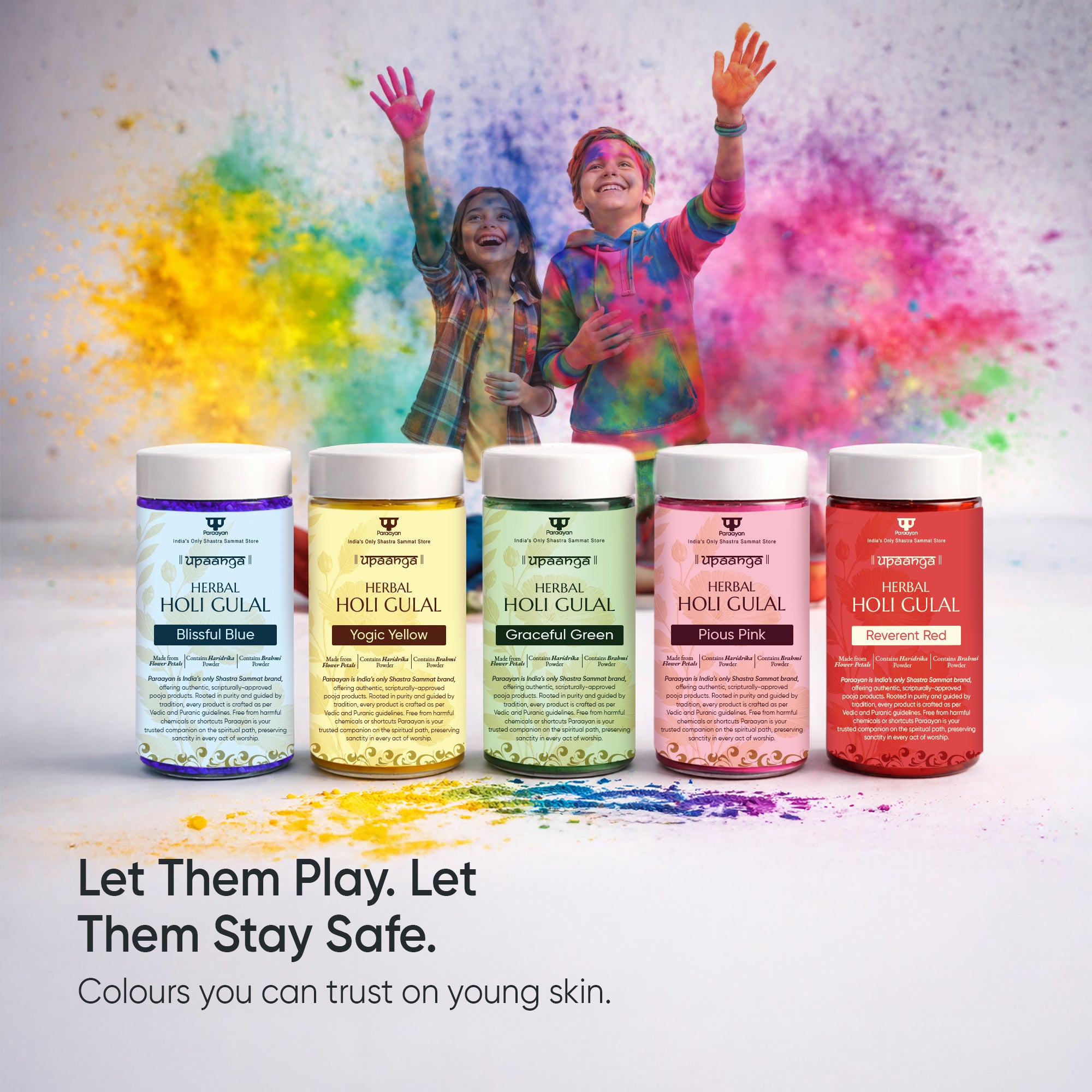 Herbal Gulal for Holi & Festivals with Brahmi and Haridrika | Natural, Skin-Friendly & Child-Safe Gulaal | Vibrant Red, Green, Blue, Pink & Yellow Colors – Pack of 5 160gm X 5