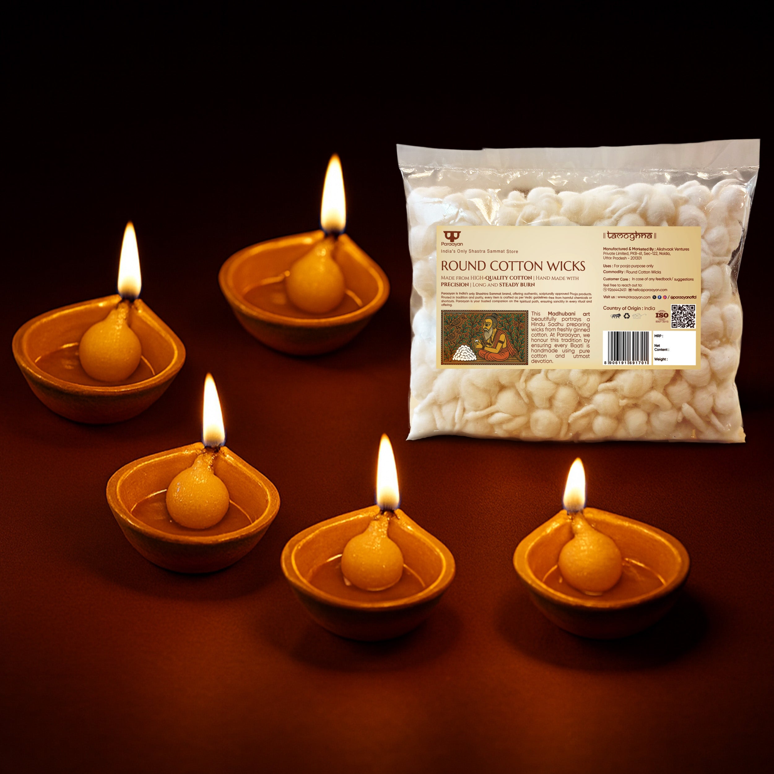 Paraayan Pure Round Cotton Diya Wicks for Pooja | 250 Pieces | Akhand Deep Batti for Puja