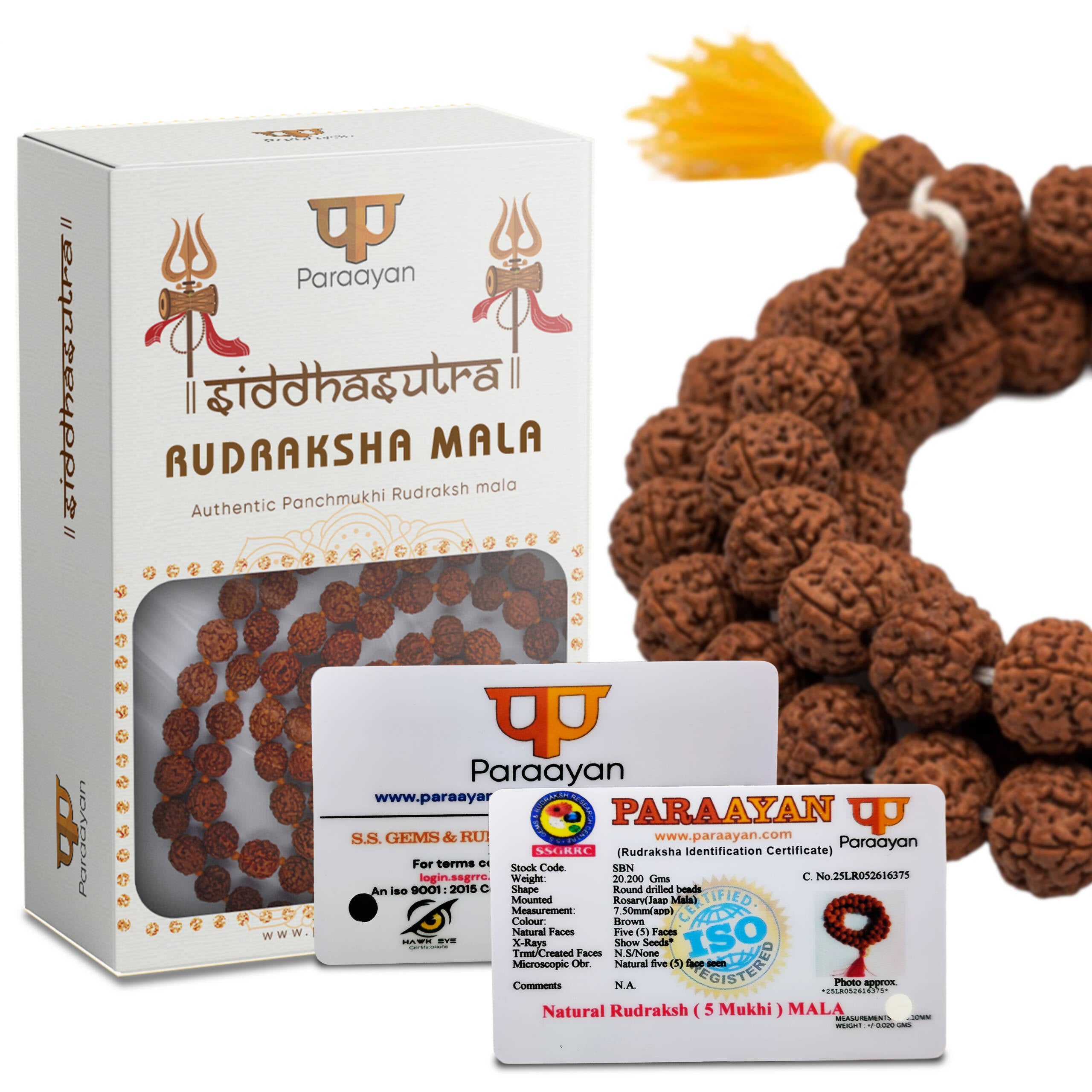 Paraayan Certified Natural Pure Panchmukhi Rudraksha Mala with 108 Beads, 7.5 mm  Rudraksha Beads Size (Approx) | Perfect For Pooja Meditation &amp; Jaap Mala | Pack of 1