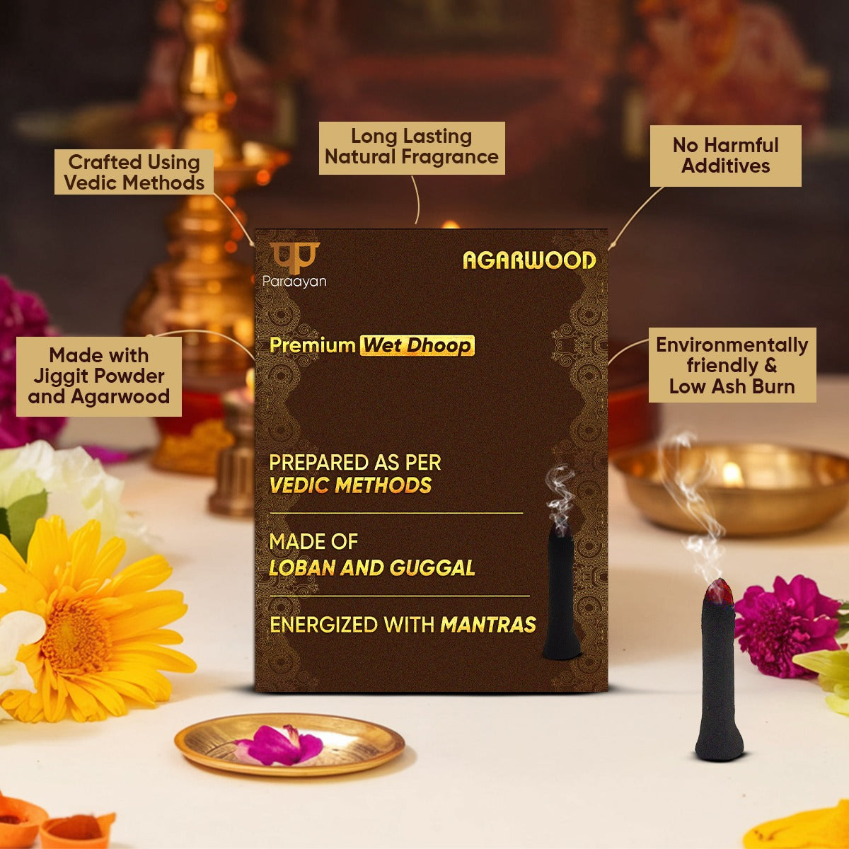 Paraayan Energized Wet Dhoop | 40 Pieces | Pack of 4 | Sacred Incense Sticks For Puja, Mandir, Home | Peaceful Fragrance