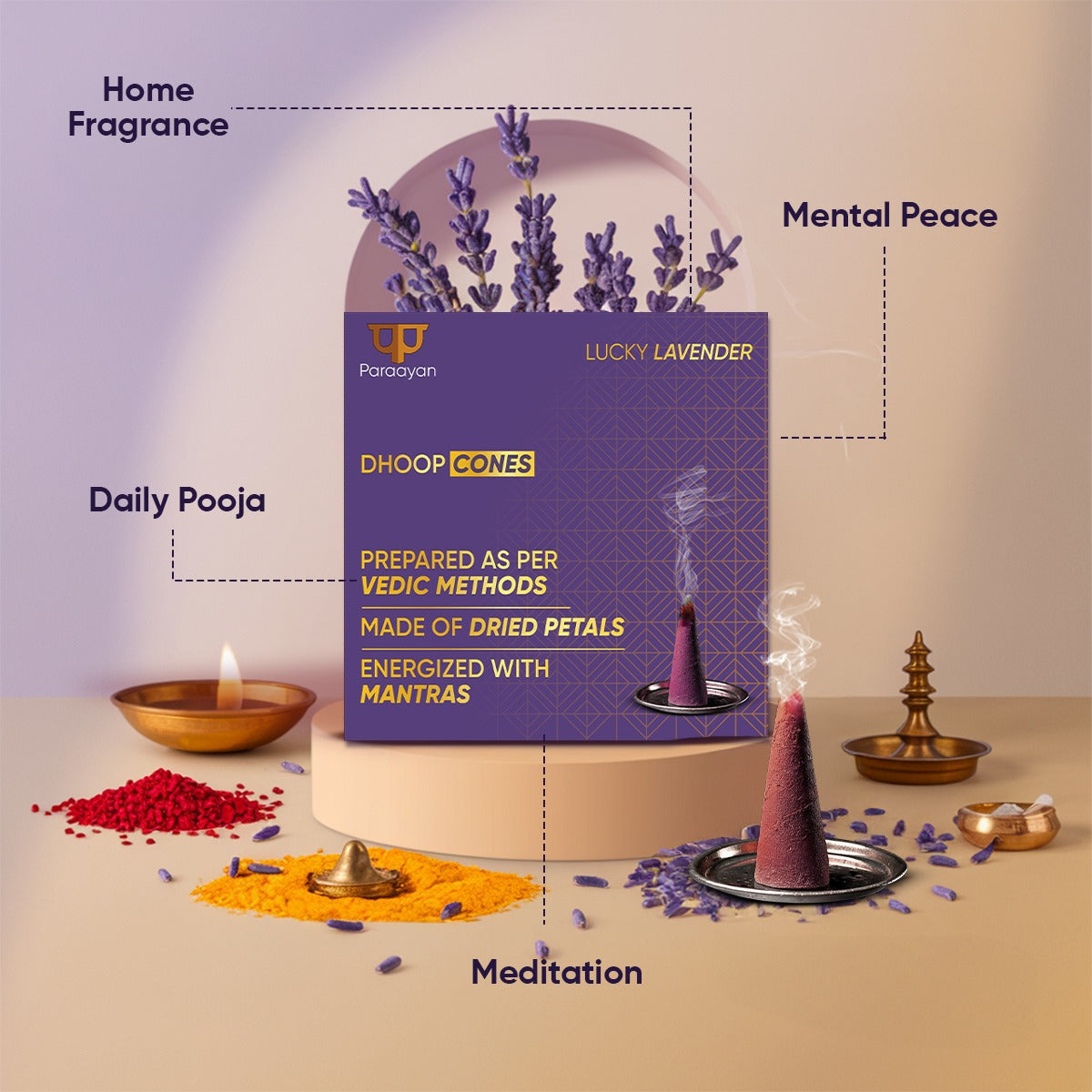 Paraayan Energized Dry Dhoop Cones | 20 Cones | Fragrance Lavender Dhoop Cones | Bambooless Dhoop Cones For Pooja Organic Dhoop Batti Incese Cones For Puja And Home