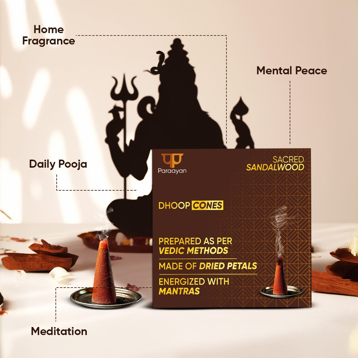 Paraayan Energized Dry Dhoop Cones | 20 Cones | Fragrance Sandalwood | Bambooless Dhoop Cones For Pooja Organic Dhoop Batti Incese Cones For Puja And Home