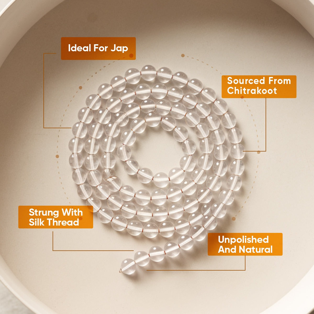 Paraayan Natural Pure Sphatik Mala with  108 Pure Crystal Beads | 6 mm Beads Size for Meditation, Puja Jaap Mala |Pack of 1