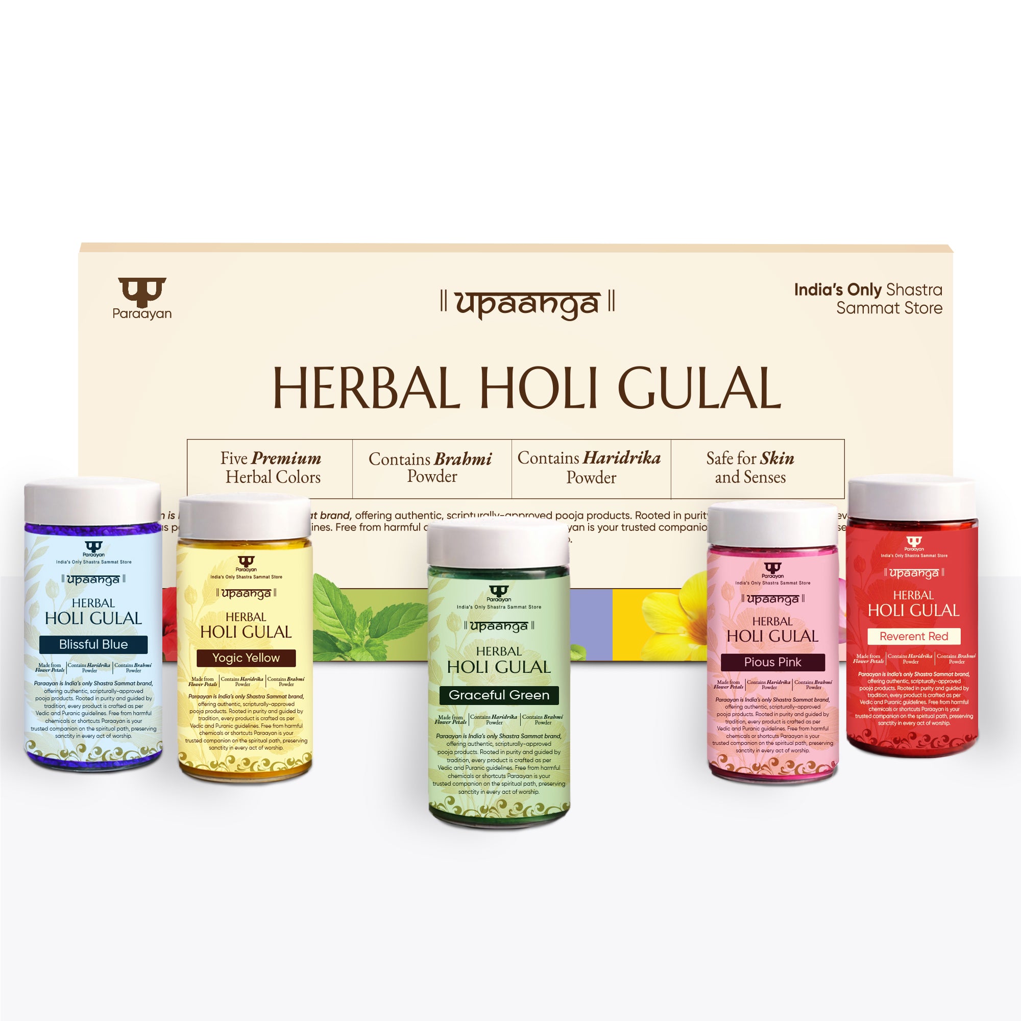 Herbal Gulal for Holi & Festivals with Brahmi and Haridrika | Natural, Skin-Friendly & Child-Safe Gulaal | Vibrant Red, Green, Blue, Pink & Yellow Colors – Pack of 5 160gm X 5